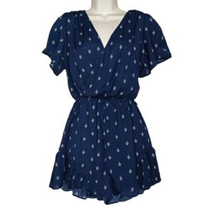 LUSH Navy Blue Floral Print Short Sleeve Ruffle Romper Medium NWT